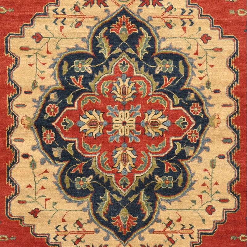 Tapis unique en laine noué à la main style Kazak rouge de 5 pi 4 po x 6 pi 10 po Lughan