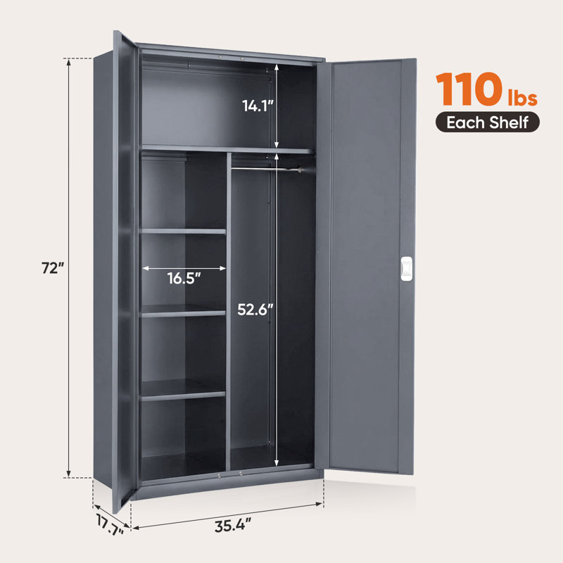 Armoire de rangement en métal 72 po, organisateur de garde-robe de rangement avec tringle, porte verrouillable et tablettes réglables