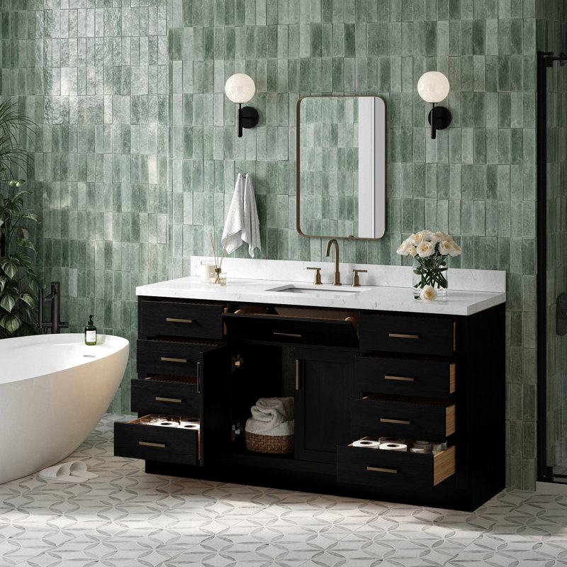 Meuble-lavabo simple en bois massif 66 po avec plateau en quartz Carrara de 1,5 po Thornaby, Forme rectangulaire, Chêne noir