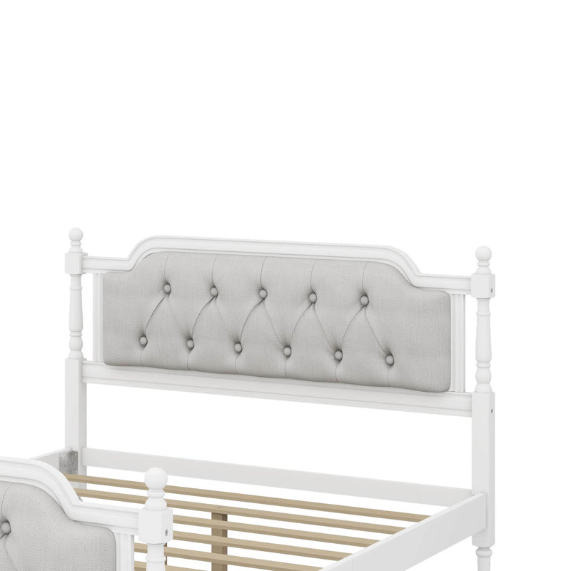 Structure de lit de style traditionnel avec tête de lit tapissier capitonnée, Lit double , Blanc antique