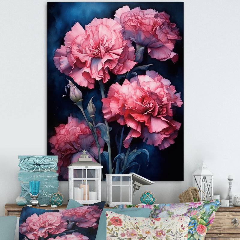 Œillets roses sur encre bleu marine - Œillets, impressions d'art mural, H 32 po x l 16 po x P 1 po, Toile tendue