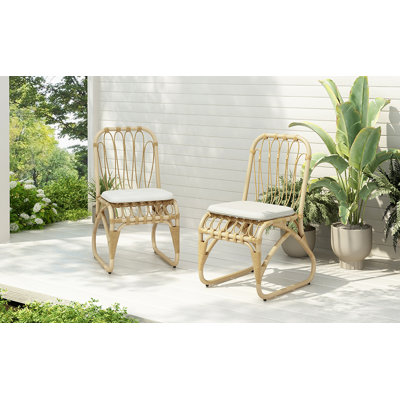 Chaises de salle à manger d'extérieur en osier avec coussin lavable, ensemble de 2, chaises d'extérieur en rotin pour la cour, la piscine, le jardin
