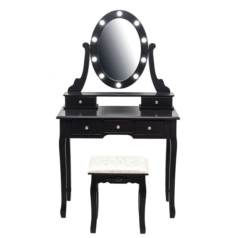 Wood Makeup Vanity Set with Oval Mirror, LED Lights, 5 Drawers & Comfortable Stool, Vanity Desk and Study Table for Girls & Women, Black