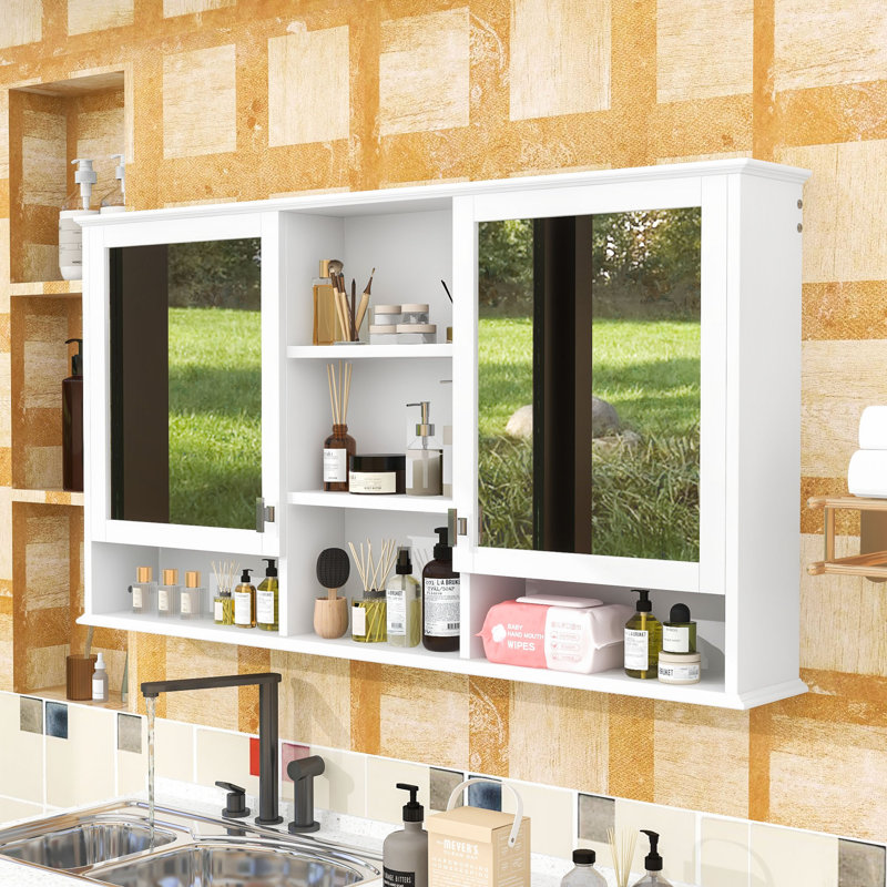 Armoire à pharmacie murale à miroir avec tablettes intérieures réglables et portes doubles à fermeture en douceur