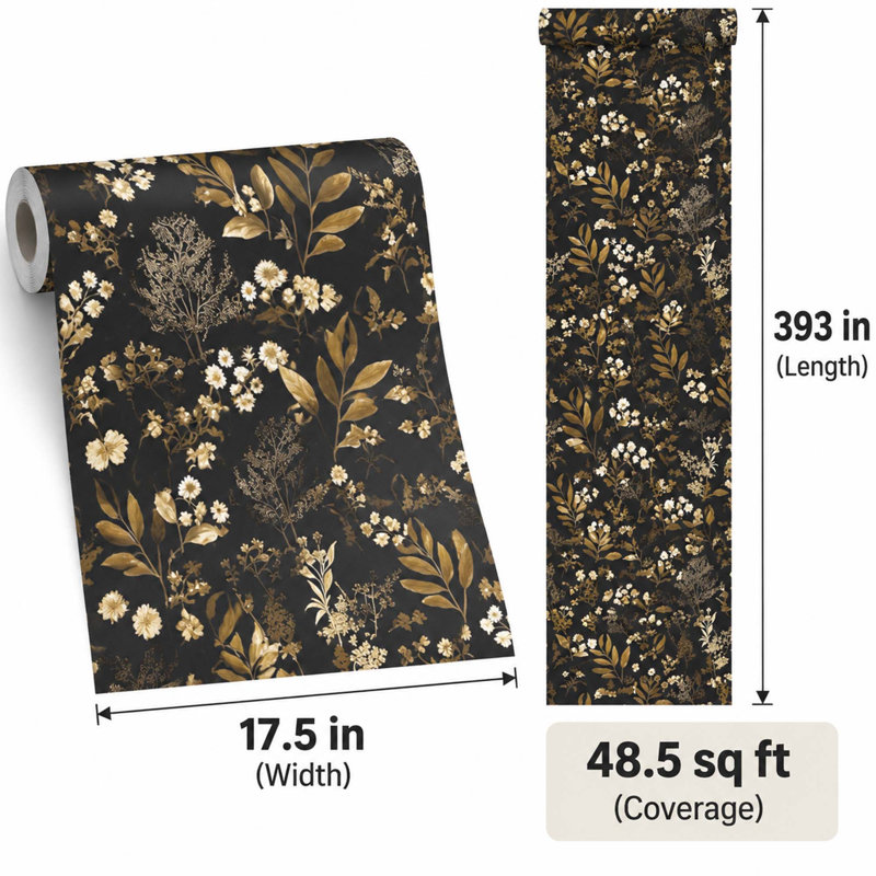 Papier peint adhésif rétro à motif floral, motif botanique noir et doré, vinyle amovible
