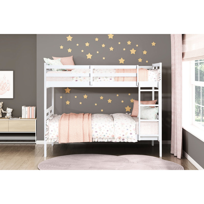 Twin Over Bunk Bed, White Finish, Wood Build, Secure Guard Rails, Convenient , No Box Spring, 'S Rooms Classic Rails On Top Bunk, Design, Slats For Both Beds, Great Shared Sleeping Spaces