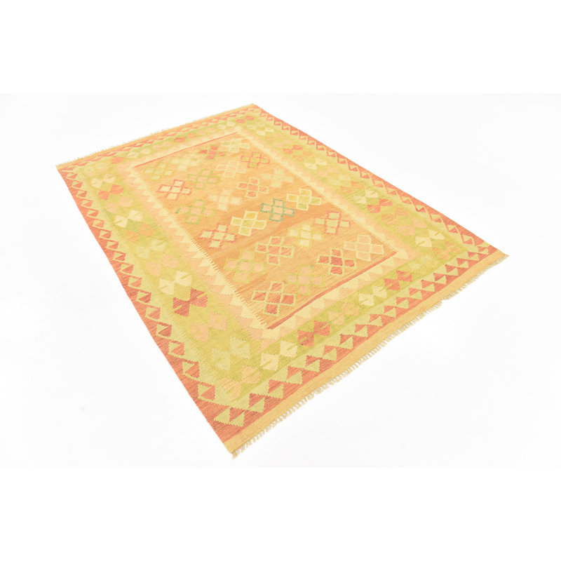 Tapis de zone en laine beige/vert 4 pi 10 po x 6 pi 9 po one-of-kind à la main noué la Elland