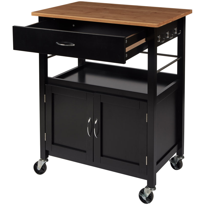 Chariot pour îlot de cuisine avec roulettes verrouillables, armoire de rangement, plateau et plateau en bois de bambou naturel Alezandro H 35,5 po x l 28,75 po, base noire