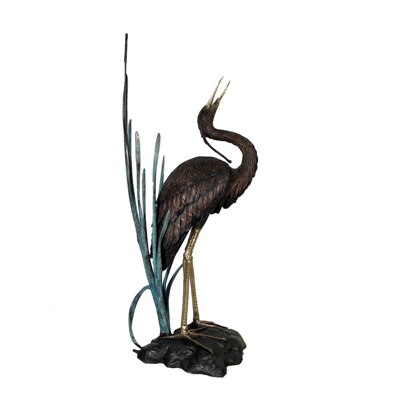 Bronze Heron in Grass Fountain Sculpture