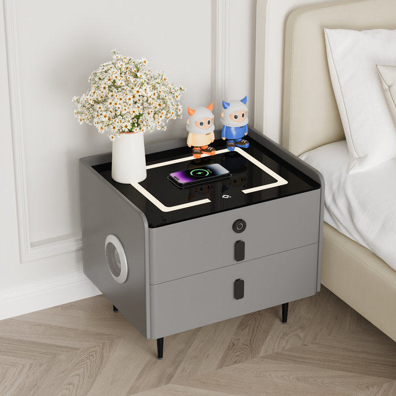 Table de chevet intelligente à 2 tiroirs avec coffre-fort à empreinte digitale, chargement sans fil, haut-parleur Bluetooth 5,0 et lumière DEL 3 couleurs, entièrement assemblée
