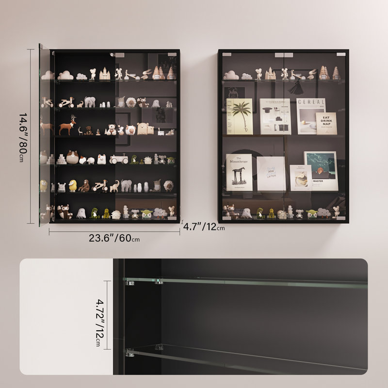 6-tier Wall Display Case With Glass Doors, Led Display Cabinet With Adjustable Glass Shelves, Display Case For Collectibles, Black