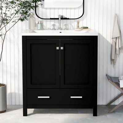 Meuble-lavabo de 30 po avec lavabo simple, meuble-lavabo encastré, armoire de rangement avec 2 portes et un tiroir, fermeture en douceur, rangement multifonctionnel, structure en bois massif