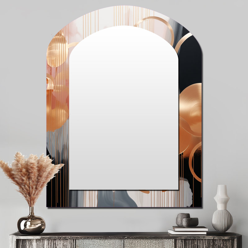 Gold and white Abstract Shapes harmony II - Abstract Shapes Asymmetrical Large Wall Mirror, Modern Arch Unique Mirror, Printed Metal Art