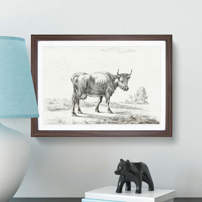 A Cow In The Meadow by Jean Bernard - Single Picture Frame Print, 45cm H x 63cm W x 2cm D, Walnut Framed
