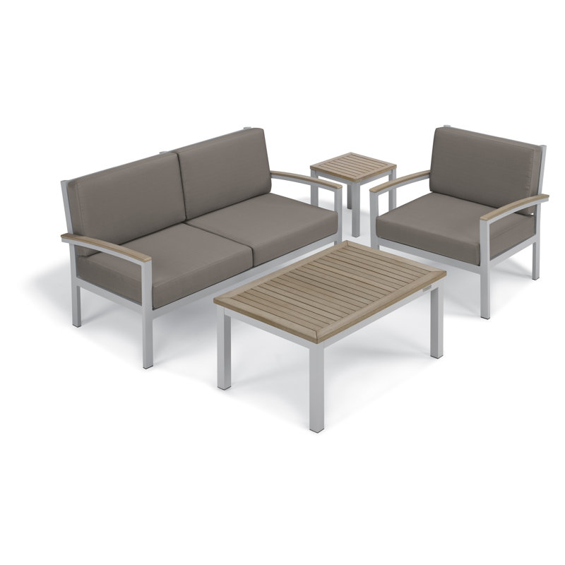 Travira 4-Piece Loveseat and Club Chair Set with Tables, Vintage Teakwood, Stone