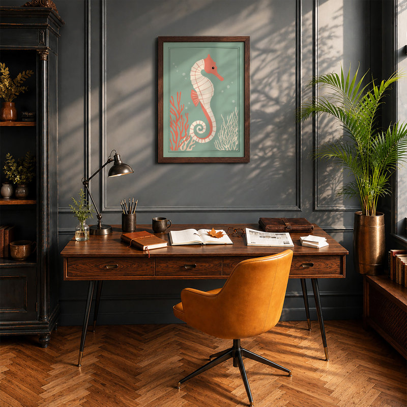 Graceful Seahorse Coastal - Framed Print, Walnut, A3 - 42.0 x 29.7 cm