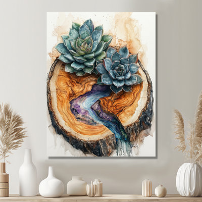 Succulent On A Top Of Wooden Slide River II - Traditional Metal Art Print, Succulents Metal Wall Art