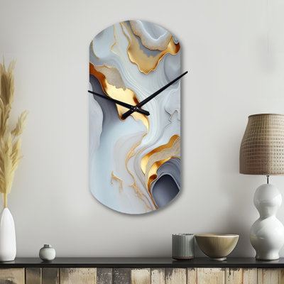 White And Gold Marble Abstract IV - Marble Asymmetrical Metal Wall Clock, Modern Cylinder Wall Clock Print