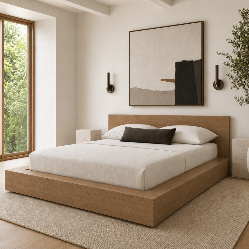 Ensemble de lit plateforme bas Makoa, Brun, Grand lit