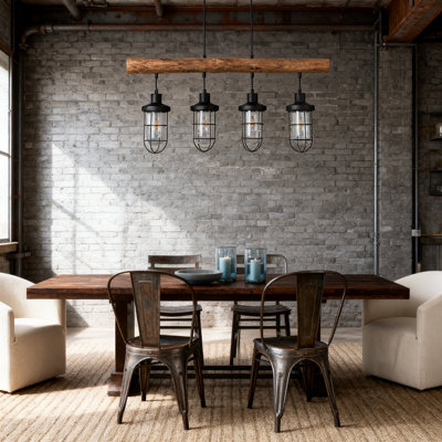 Rustic Farmhouse Pendant Light With 4 Metal Cage Shades, Wooden Chandelier For Dining Room, Kitchen Island, And Country Style Decor