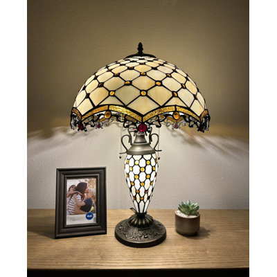 Simonson Tiffany Table Lamp Beige Stained Glass Shade And Base LED Bulbs Included 16"W*16"D*24"H