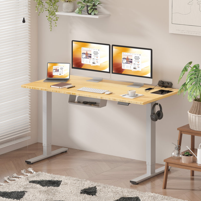 Eric Height Adjustable Standing Desk, 100% Bamboo Desktop, 45.7" H x 60" W x 30" D, Gray