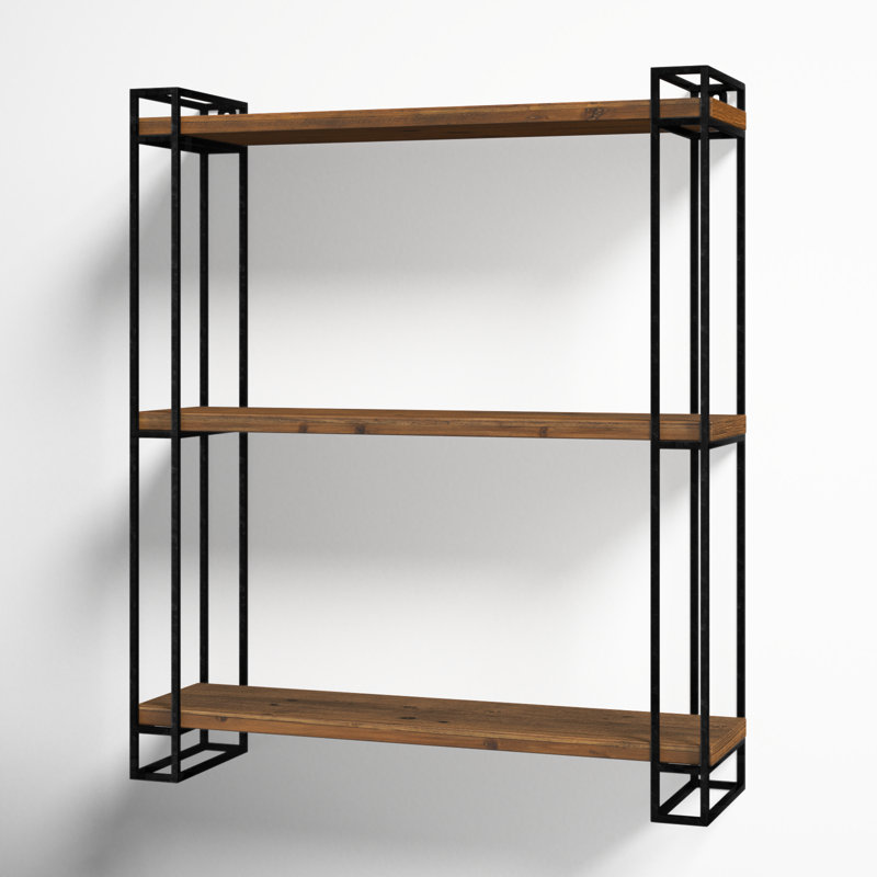 Rustic Black Metal and Wood 26''x30.5'' Floating Wall Shelf