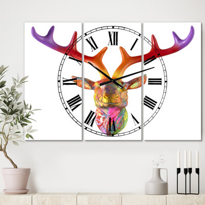 Rainbow Antlers - Large Modern 3 Panels Wall Clock