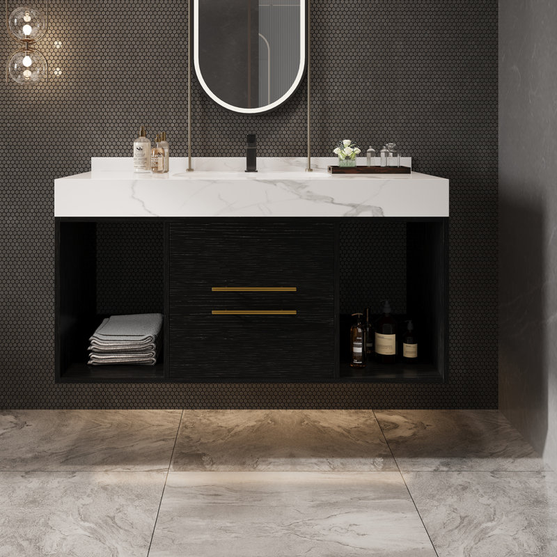 Meuble-lavabo flottant de 39,4 po de largeur avec lavabo en céramique, meuble-lavabo mural moderne avec 2 tiroirs à fermeture en douceur, 2 espaces de rangement et plateau en ardoise blanche