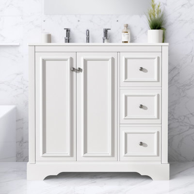 Meuble-lavabo transitionnel 36 po avec lavabo en céramique 36 po, portes à fermeture douce, 3 tiroirs, tablette réglable