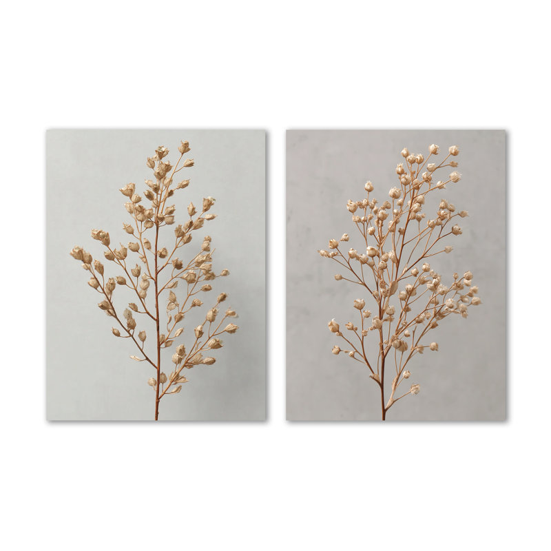 «Delicate Gold Baby Breath Flower» - ensemble de 2 impressions murales en métal verdure, 32" H x 48" W