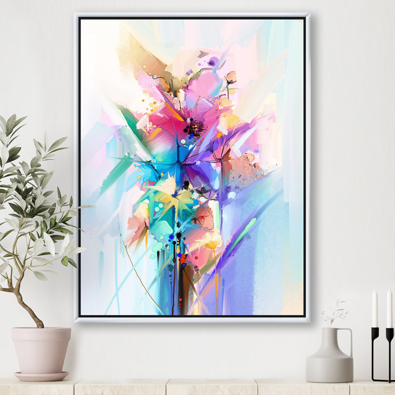 Fleurs de printemps abstraites colorées - reproduction d'art sur toile, H 46 po x l 36 po, Toile avec cadre, Blanc
