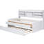 Lit simple en bois avec bibliothèques intégrées, 3 grands tiroirs de rangement et lit gigogne escamotable en étagère blanche