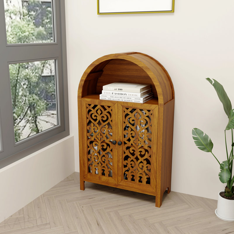 Armoire arquée sculptée à la main, armoire de rangement en bois massif avec tablette ouverte et 2 portes, grande armoire étroite pour le salon, la chambre à coucher, le vestibule