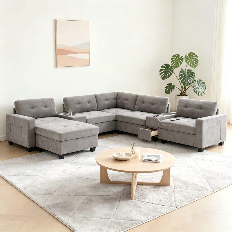 Canapé modulaire de 104 po avec deux consoles, recharge sans fil, plateau de table en acrylique et repose-pieds mobile