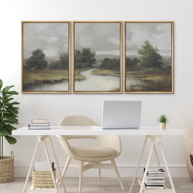 Natural Forest River Landscape Framed On Canvas 3 Pieces Print, Natural, 36" H x 24" W x 1.5" D