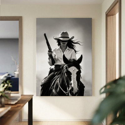 Tableau monochrome sur toile représentant une cowgirl à cheval, 61 x 91 cm (24 x 36 pouces), impression sur châssis, décoration murale western en noir et blanc pour salon, chambre et entrée.