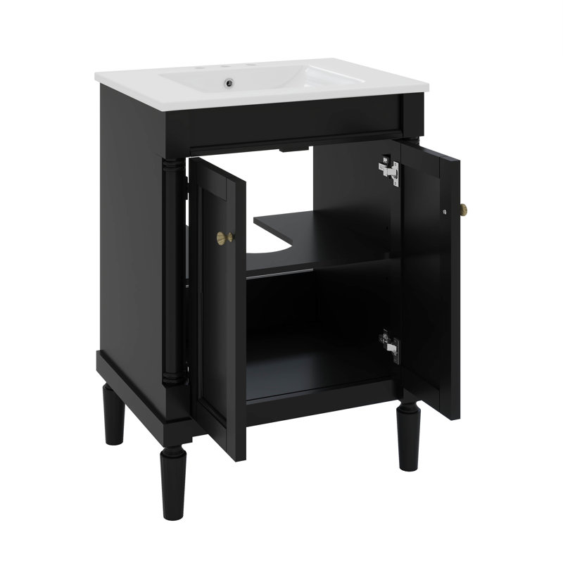 24'' Bathroom Vanity With Top Sink, 2-Tier Modern Bathroom Storage Cabinet, Black