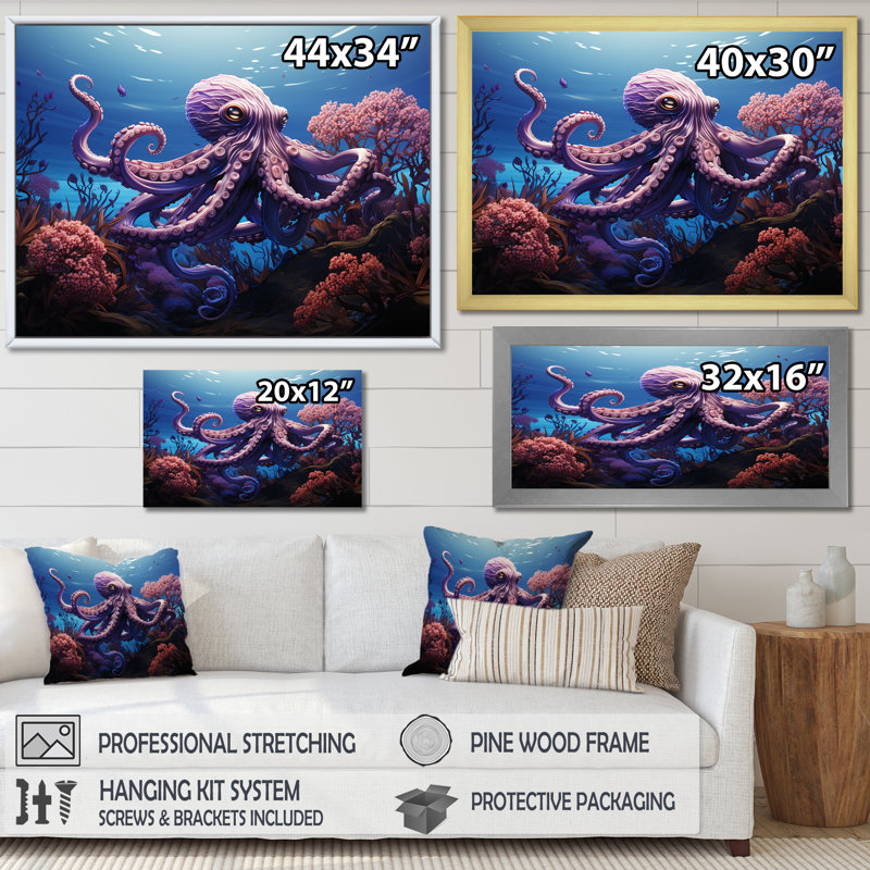 Mauve oasis de pieuvre I - art mural animaux côtiers, Toile tendue, H 16 po x l 32 po x P 1 po