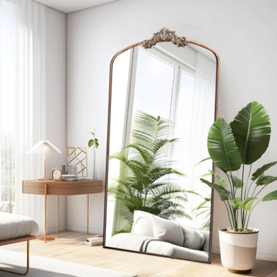 Miroir arqué rétro orné 36 po x 66 po - Armoire pleine grandeur en métal pour chambre à coucher, salon, vestibule de style somptueux, pièce antique
