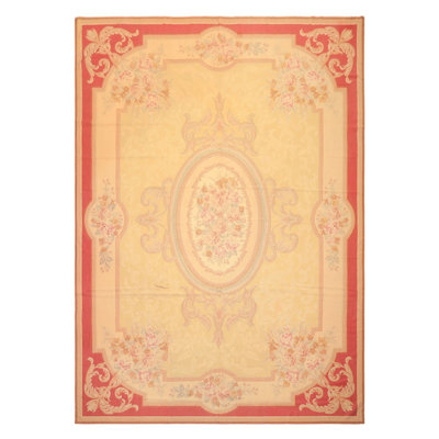 7'9''x10'10'' Hand Woven Wool Pale Gold, Rose French Aubusson Needlepoint Rug