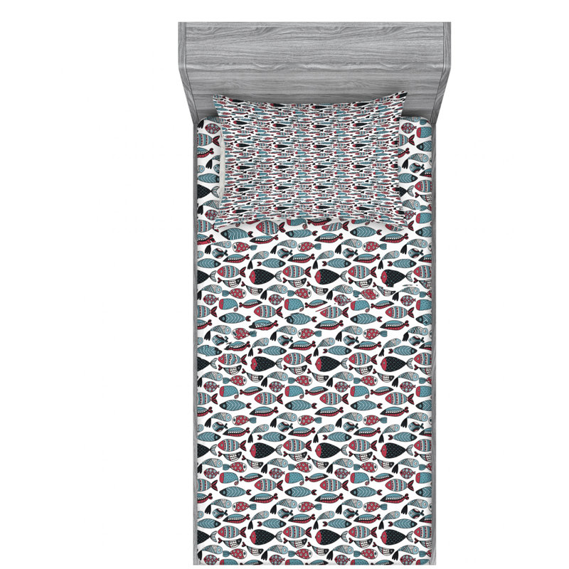 Twin White Microfiber Fish Print Kids Sheet Set