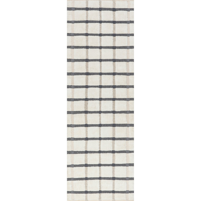 Ivory and Gray Checked Wool Runner Rug, 2' 6" x 8'
