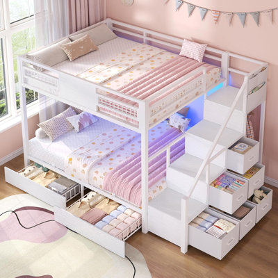 Lit superposé simple au-dessus de simple avec escalier, lit superposé simple à lumières DEL avec 2 tiroirs de rangement et 6 tiroirs en tissu, lit mezzanine simple en métal avec garde-corps et escalier, peu encombrant