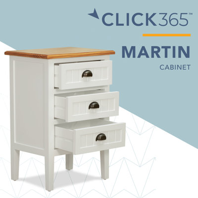 Table de chevet ClickDecor Martin à 3 tiroirs, plateau en bois d'acacia et poignées coquilles en métal, blanche