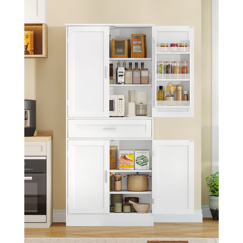 Kitchen Cupboard, Tall Kitchen Cabinet with 6-Tier Door Back Shelf, Sideboard Storage Cabinet with 4 Doors & 1 Large Drawer for Dining Room, Living Room, 40 x 80 x 180 cm, White