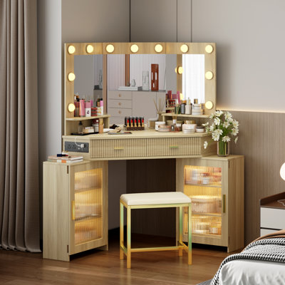Modern Corner Makeup Vanity Set with Mirror and Cabinets