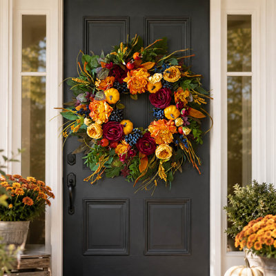 Couronne d'automne 24 po, couronne de porte artificielle d'automne avec roses, citrouille et baies