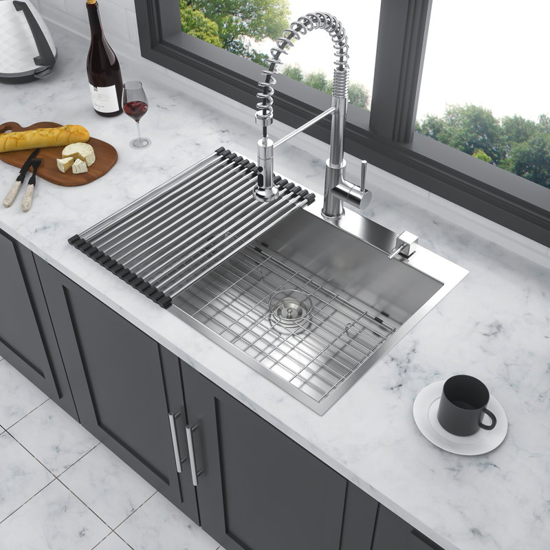 Lavabo encastré 28 po en acier inoxydable - Rembourrage en caoutchouc épais, nickel brossé, calibre 18, cuve à simple cuve, conception innovante de 28 po,