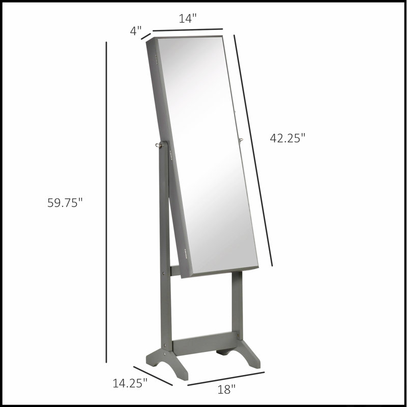 Floor Standing Jewelry Cabinet With Full-Length Mirror, Lockable Organizer, And 3 Adjustable Angles, Grey